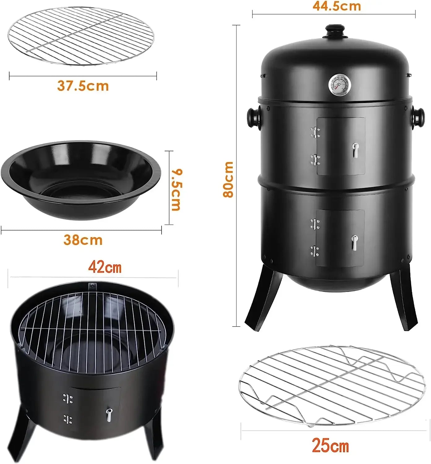 Charcoal BBQ Smoker Grill,3-in-1 Portable Vertical Grill Cooker with Built-in Thermometers & Adjustable Vent Systems for Outdoor