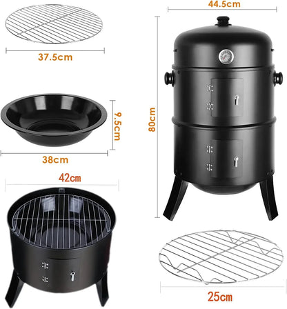 Charcoal BBQ Smoker Grill,3-in-1 Portable Vertical Grill Cooker with Built-in Thermometers & Adjustable Vent Systems for Outdoor
