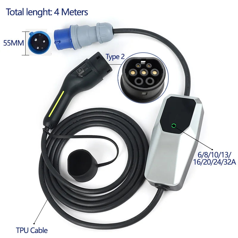 Type 1 Type 2 EV Charger Charging Box Electric for Electric Car 6A-16A 10 Meters  4 Meters  1 phase EVSE Charging Cable Mode 2