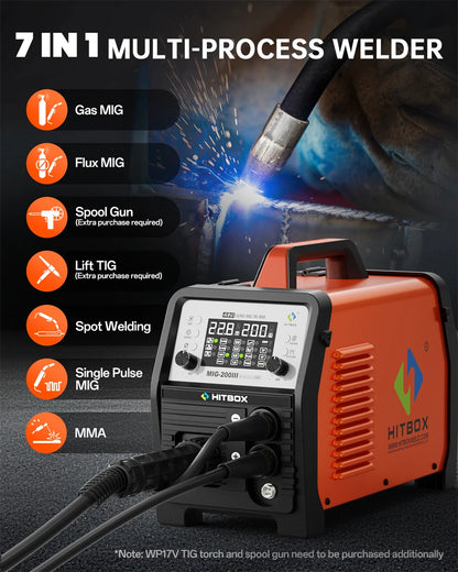 HITBOX 7 in 1 MIG Welding Machine 200A MMA/Gas Flux MIG/Lift TIG/Spot Welding/Spool Gun/Single Pulse Aluminium Welder Home DIY