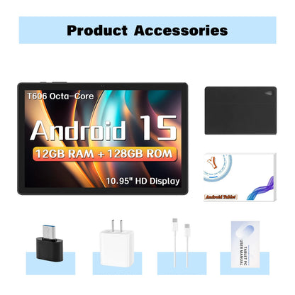 ANRY 10.95-inch HD Display Tablet Android 15 12GB RAM 128 ROM 2.4G/5G WiFi T606 Octa-Code 8000mAh Android Tablets with Case
