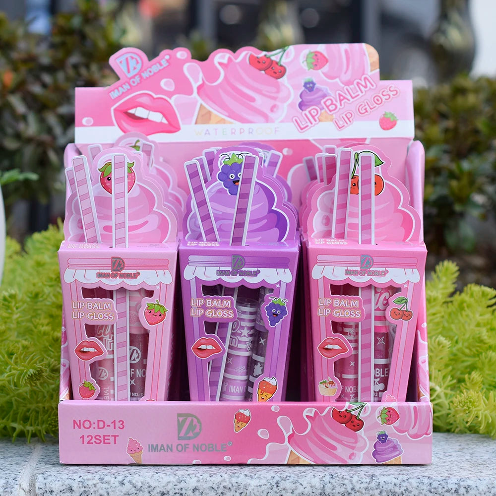 Cute Ice Cream Shiny Lip Gloss Lip Balm Set Girls Woman Waterproof Longlasting Natural Moisturizing Lips Makeup
