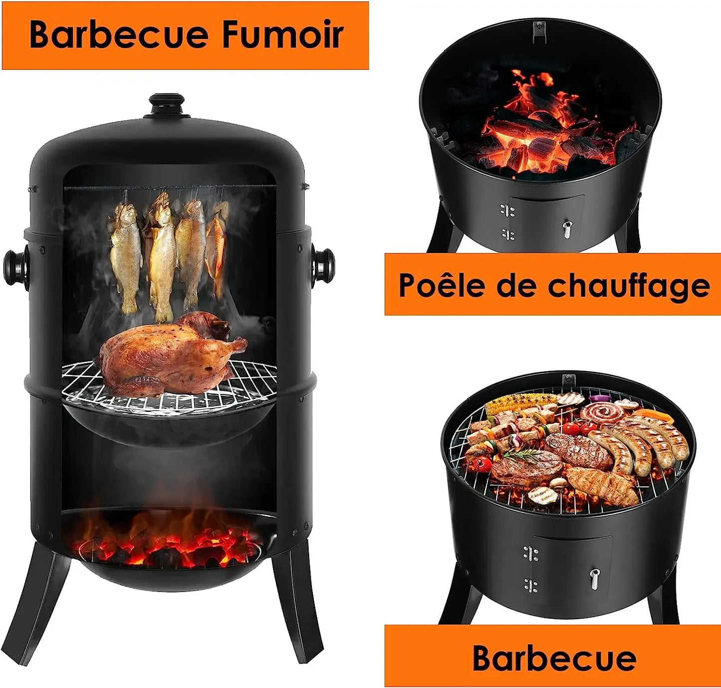 Charcoal BBQ Smoker Grill,3-in-1 Portable Vertical Grill Cooker with Built-in Thermometers & Adjustable Vent Systems for Outdoor