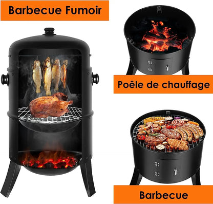 Charcoal BBQ Smoker Grill,3-in-1 Portable Vertical Grill Cooker with Built-in Thermometers & Adjustable Vent Systems for Outdoor