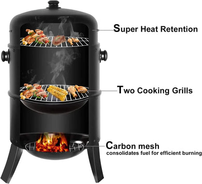 Charcoal BBQ Smoker Grill,3-in-1 Portable Vertical Grill Cooker with Built-in Thermometers & Adjustable Vent Systems for Outdoor