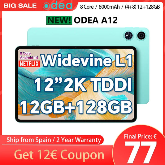 Odea A12 12 Inch Tddi Screen, 2000X1200 2K, Android 14 Tablet, (4+8)12Gb Ram, 128Gb Rom, Unisoc T606, 8 Cores, Mali-G57, 8000Mah, 13Mp+8Mp, Supports Tf up to 1Tb, Type C, Widevine Drm L1 for Netflix