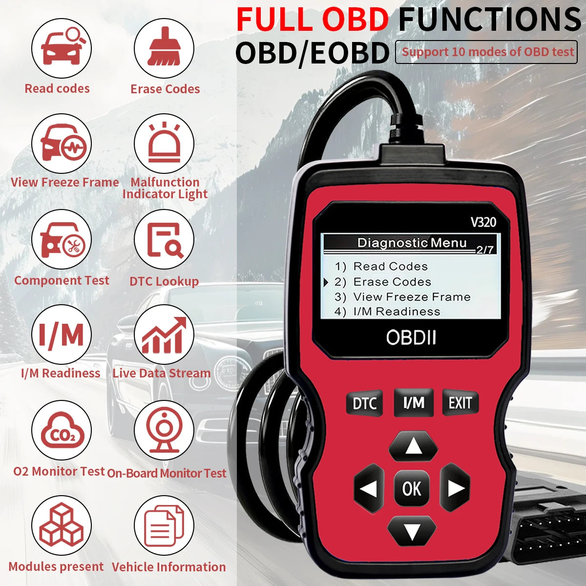 Obd2 Diagnostic Scanner Tools - Engine Fault Code Reader for All Cars in 1996 Years with Real-Time Data Flow, Battery Test and Erase Code