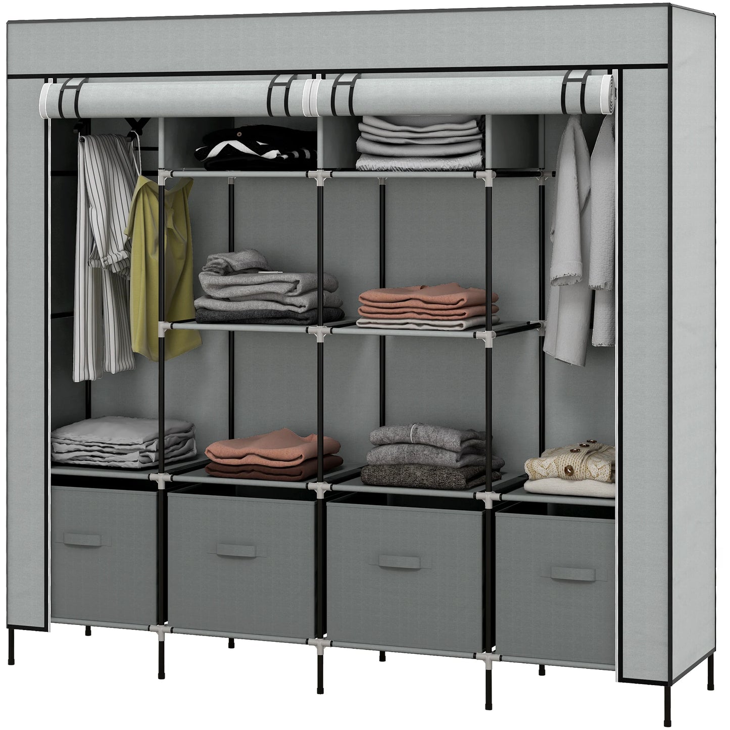 Homcom Fabric Wardrobe with 10 Compartments 4 Drawers 166X42.5X169.5 cm Gray