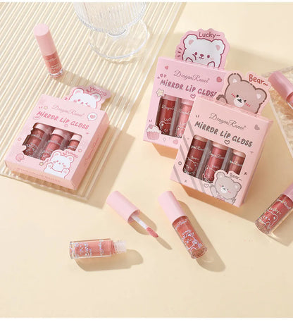 Dragon Ranee 3 colors doe lip glass hydrating mirror lip glaze moisturizing pearl with flash cartoon lip gloss set
