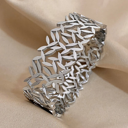 ALLYES 316L Stainless Steel Leaves Wide Chunky Bangles Bracelets for Women Unique Design Wrist Bracelet Waterproof Jewelry