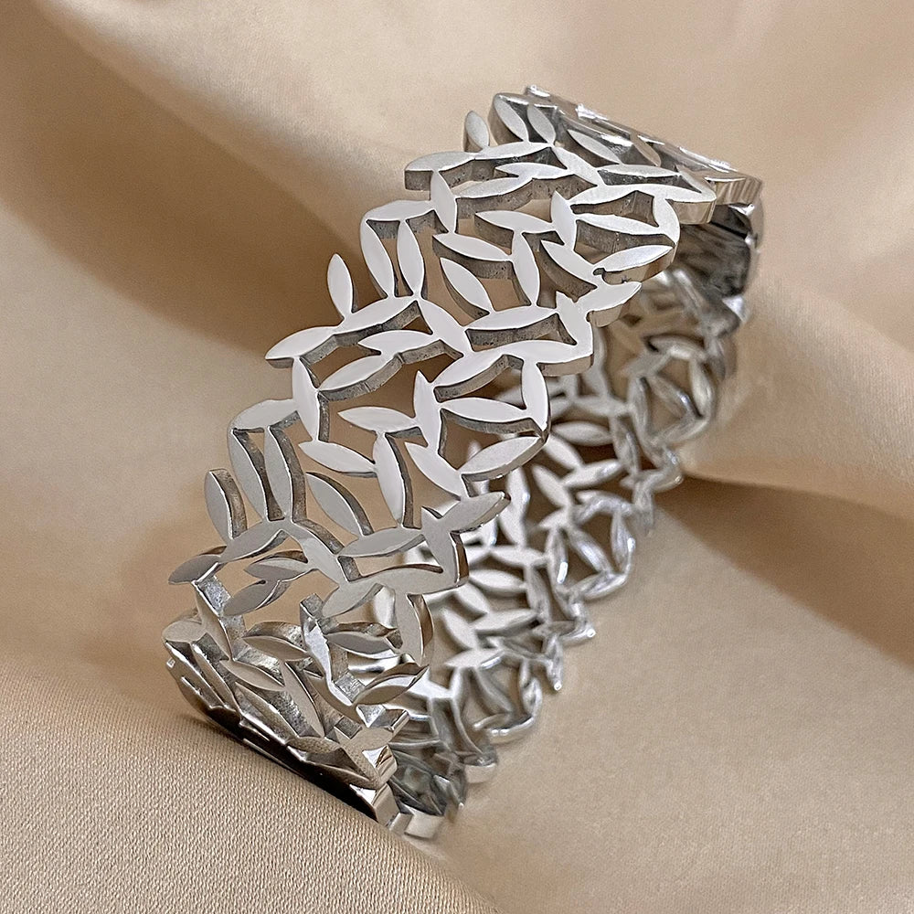 ALLYES 316L Stainless Steel Leaves Wide Chunky Bangles Bracelets for Women Unique Design Wrist Bracelet Waterproof Jewelry