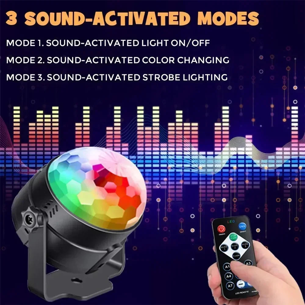 RGB LED Stage Disco Light Rotating DJ Ball Strobe Sound Control Magic Dance Car Christmas Gift Party Club Laser Show Lamp Party