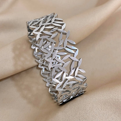 ALLYES 316L Stainless Steel Leaves Wide Chunky Bangles Bracelets for Women Unique Design Wrist Bracelet Waterproof Jewelry