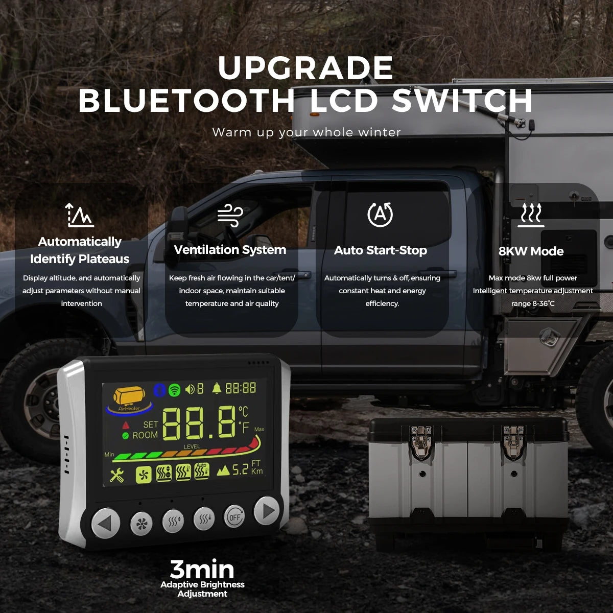 8KW 12V&24V&110-240V toolbox diesel Parking air heater w/Ventilation Mode&Adaptive Plateau&Bluetooth For Car RV Campervan