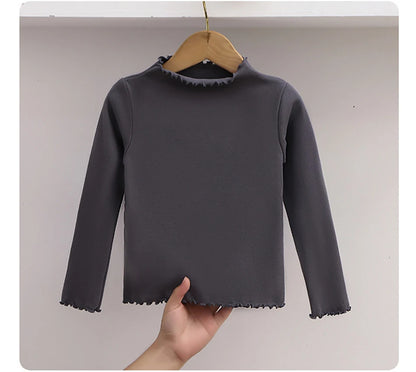 Autumn-Winter Girls Long Sleeve Solid Color T-Shirt with Ruffle Collar Girls Fashionable Comfortable Everyday Wear T-Shirt