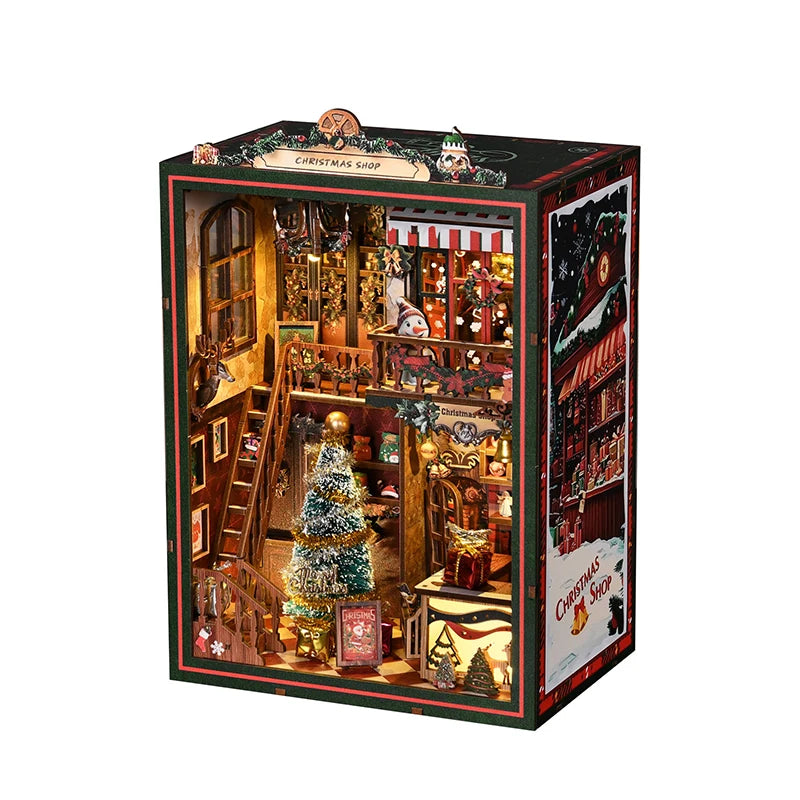 NEW DIY Book Nook Wooden Miniature Model Kits Christmas Shop Bookend 3D Puzzle With Light Bookshelf for Friends Birthday Gifts