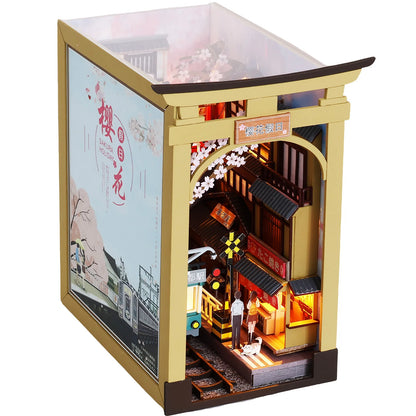 3D Wood Puzzle Book Nook Kit DIY Bookend Decoration with LED Light Miniature Dollhouse Model Building Kit Insert Bookshelf Gift