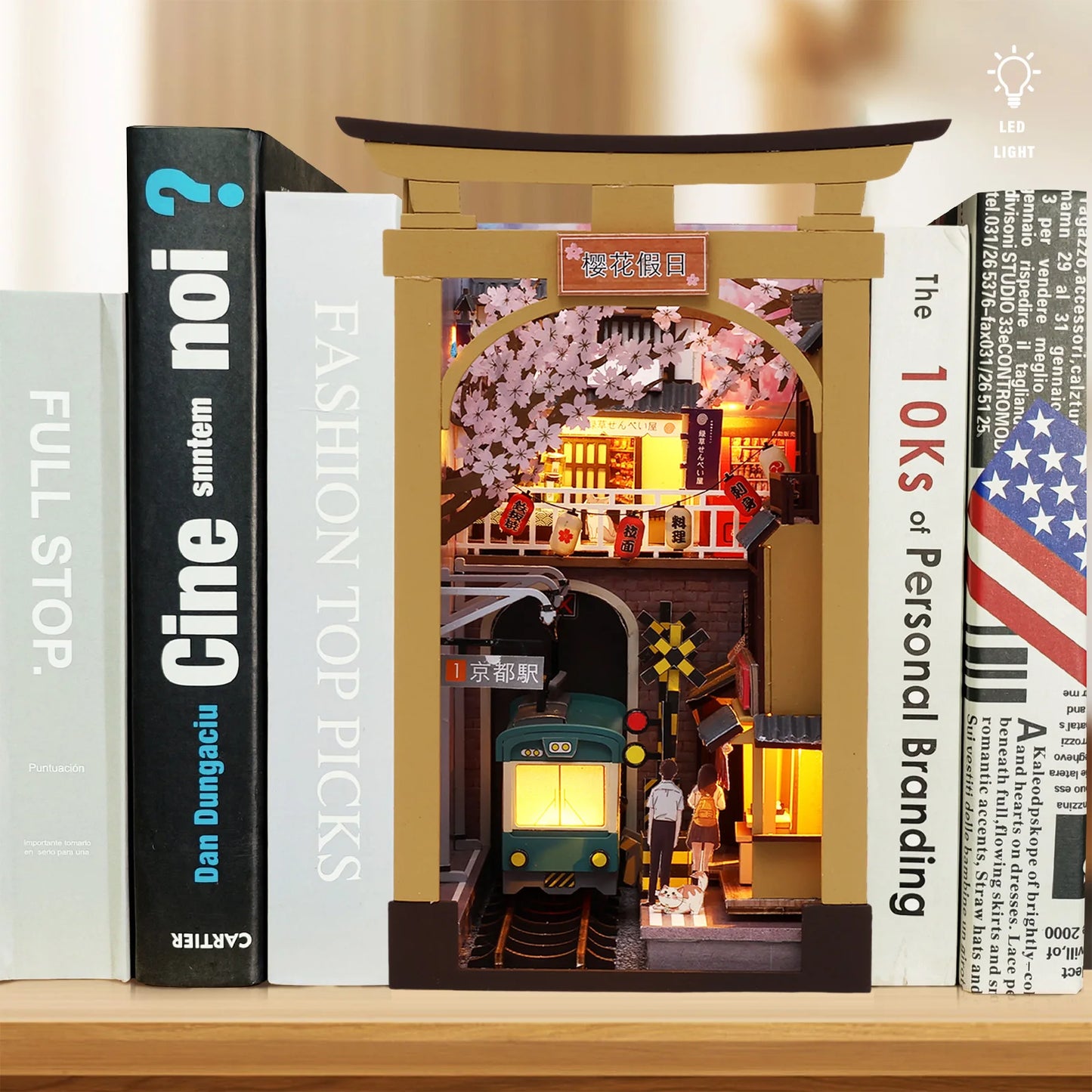 3D Wood Puzzle Book Nook Kit DIY Bookend Decoration with LED Light Miniature Dollhouse Model Building Kit Insert Bookshelf Gift