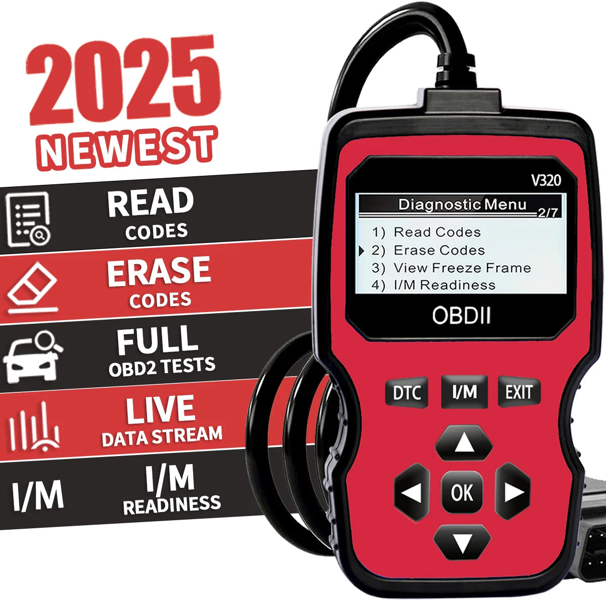 Obd2 Diagnostic Scanner Tools - Engine Fault Code Reader for All Cars in 1996 Years with Real-Time Data Flow, Battery Test and Erase Code