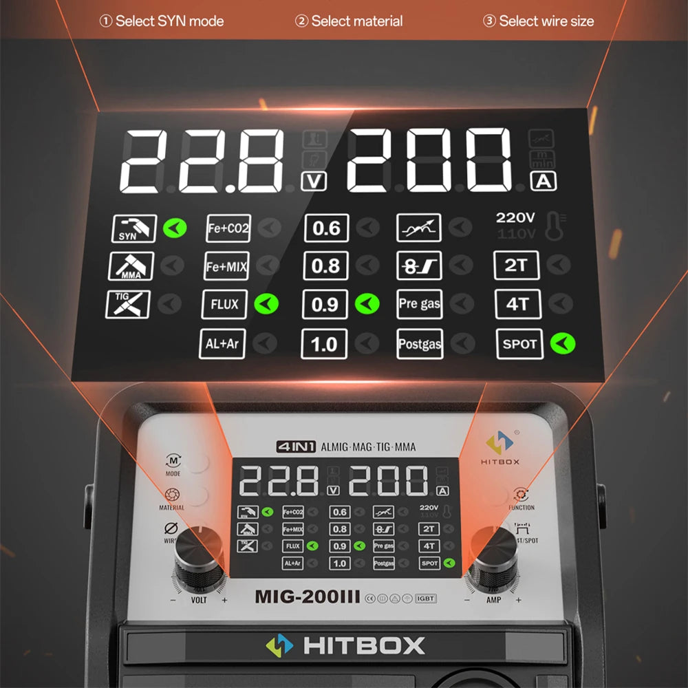 HITBOX 7 in 1 MIG Welding Machine 200A MMA/Gas Flux MIG/Lift TIG/Spot Welding/Spool Gun/Single Pulse Aluminium Welder Home DIY