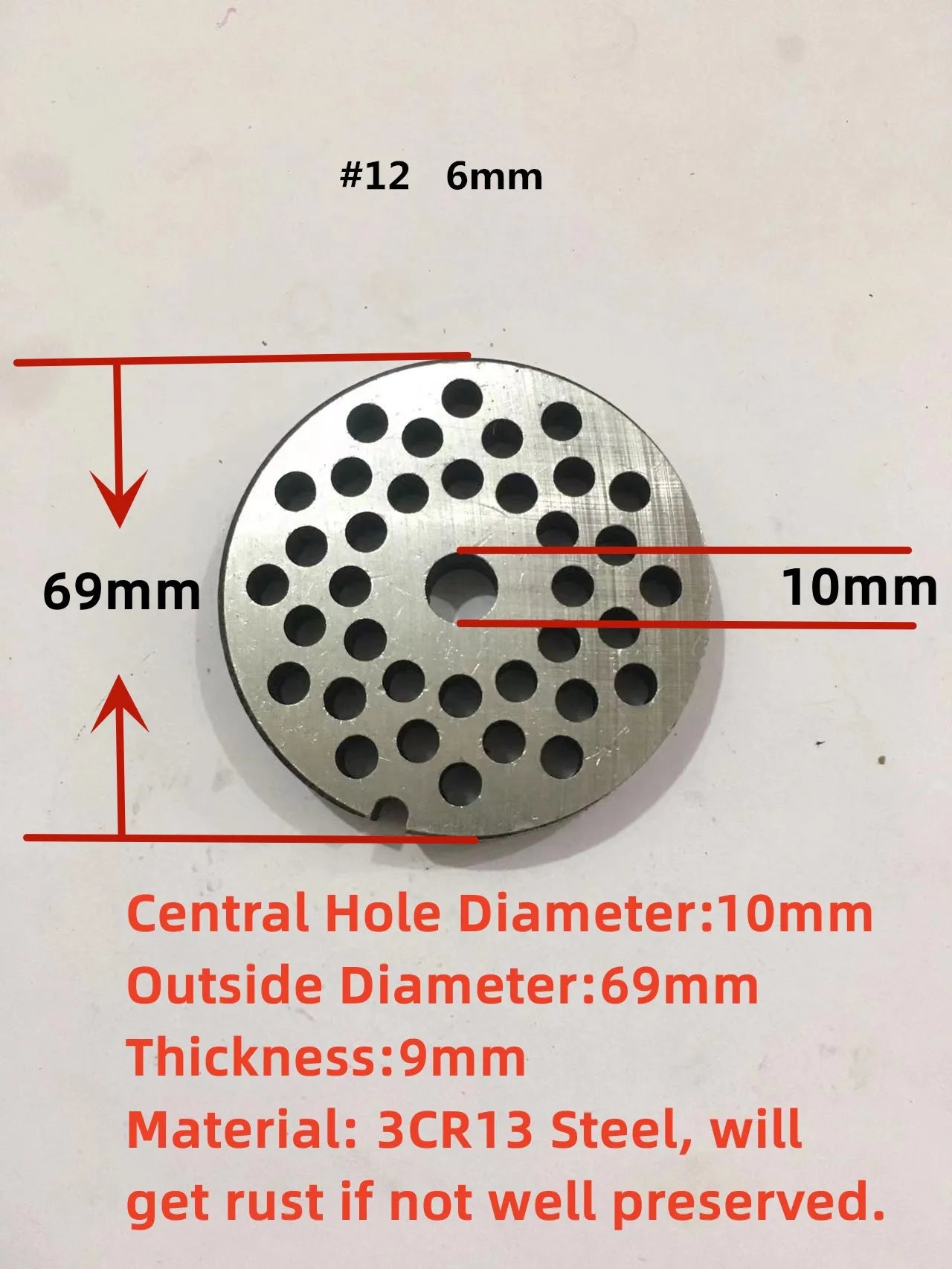 #12 Replaceable Meat Grinder Plate OD 69mm Center 10mm Hole 3-20mm Manganese Steel Chopper Mincer Disc For Mixer Food Chopper