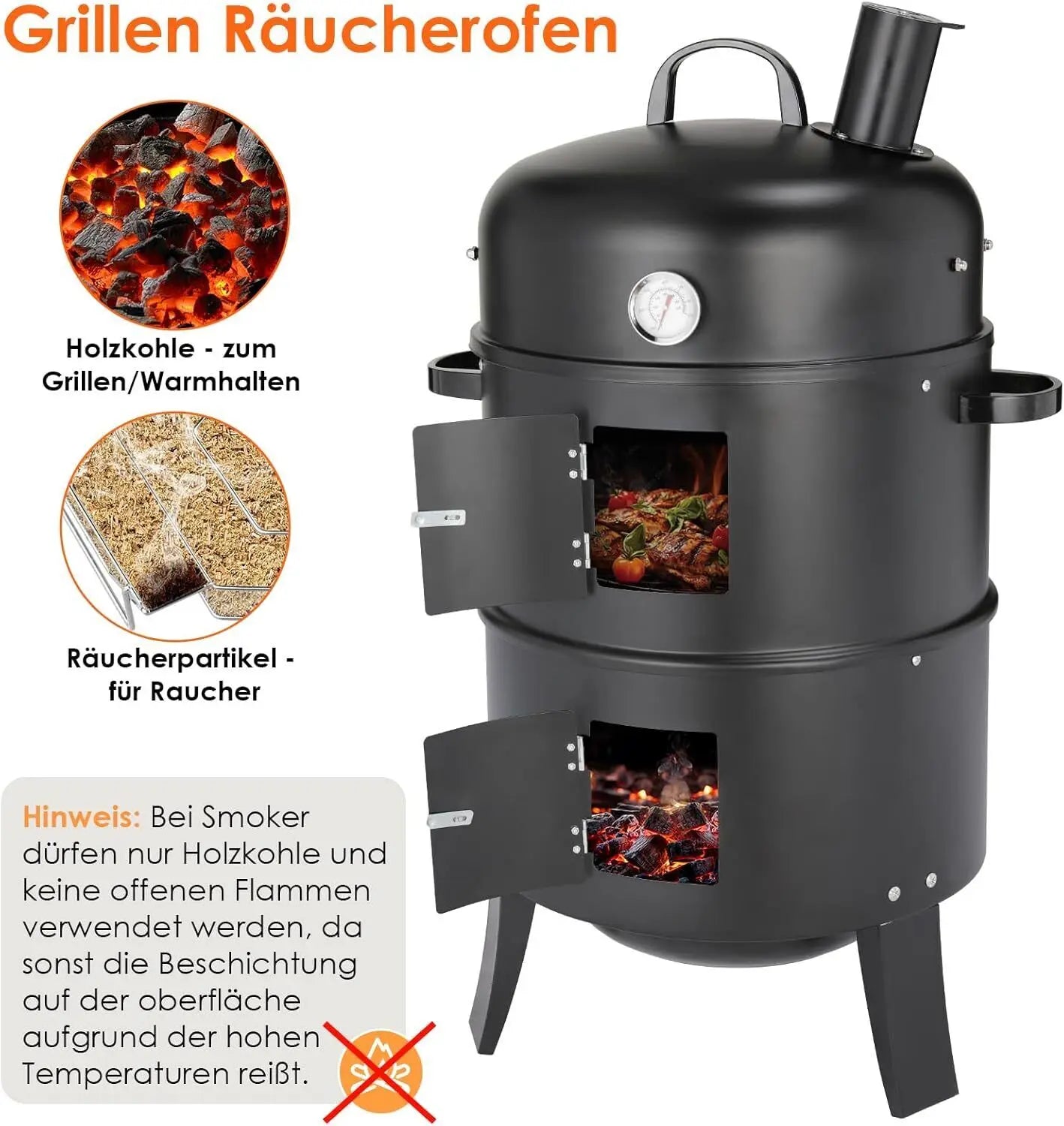 Charcoal BBQ Smoker Grill,3-in-1 Portable Vertical Grill Cooker with Built-in Thermometers & Adjustable Vent Systems for Outdoor