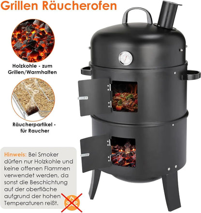 Charcoal BBQ Smoker Grill,3-in-1 Portable Vertical Grill Cooker with Built-in Thermometers & Adjustable Vent Systems for Outdoor
