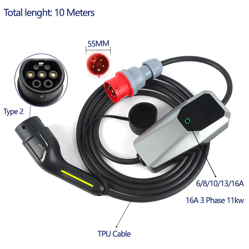 Type 1 Type 2 EV Charger Charging Box Electric for Electric Car 6A-16A 10 Meters  4 Meters  1 phase EVSE Charging Cable Mode 2