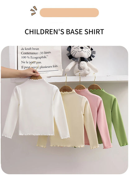 Autumn-Winter Girls Long Sleeve Solid Color T-Shirt with Ruffle Collar Girls Fashionable Comfortable Everyday Wear T-Shirt
