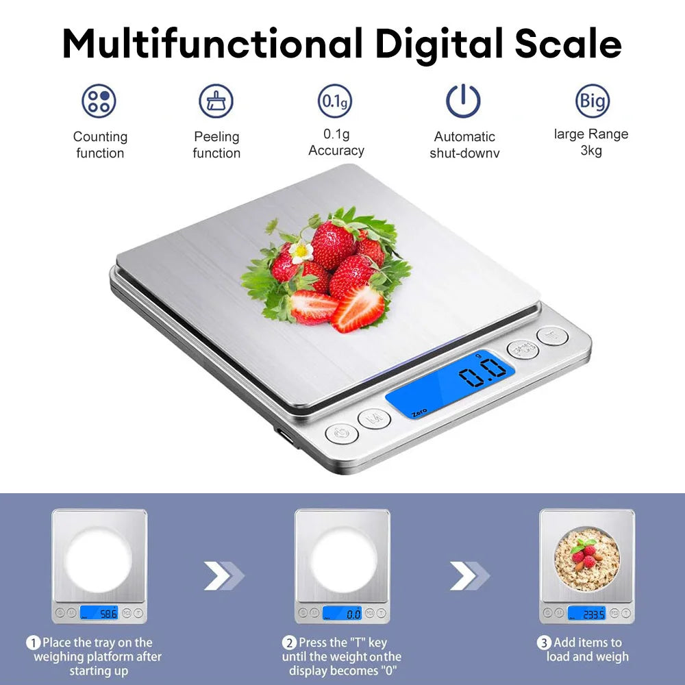 Digital Kitchen Scale 3000g/ 0.1g Small Jewelry Scale with LCD Display Food Scales Home Baking and Cooking Gram Scale