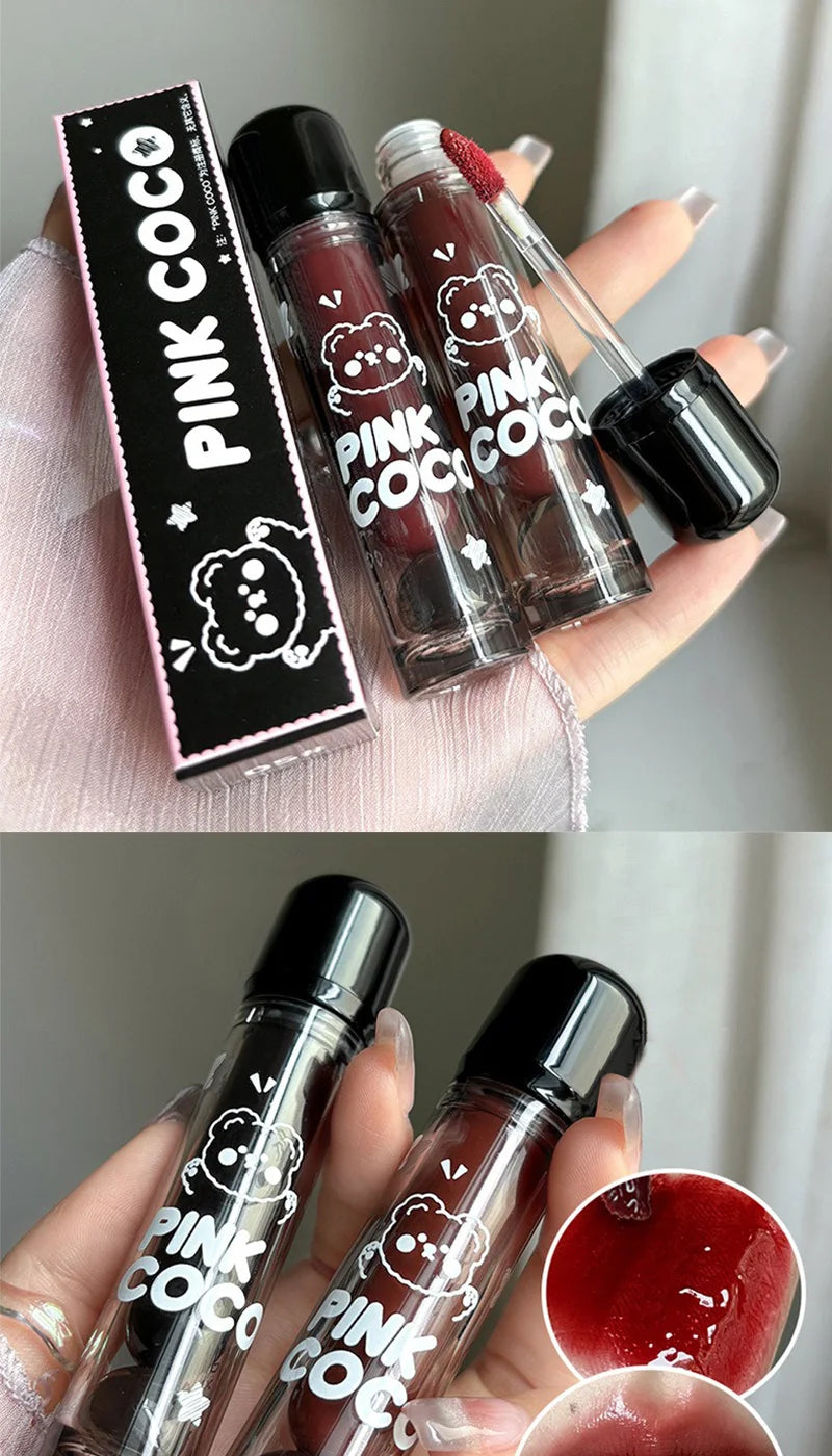 PINKCOCO Bear Doodle Mirror Lip Glaze — Long-Lasting Shiny Lip Gloss, Student-Friendly, Skin-Brightening Nude Lipstick