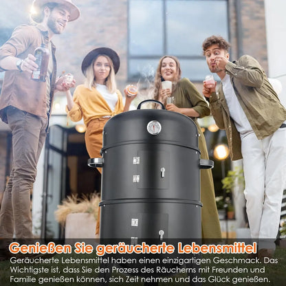 Charcoal BBQ Smoker Grill,3-in-1 Portable Vertical Grill Cooker with Built-in Thermometers & Adjustable Vent Systems for Outdoor