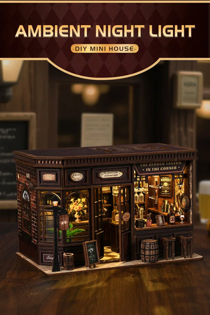 New Corner Bistro Miniature DIY Book Nook - 3D Wooden Puzzle Craft Kit, Christmas & Black Friday Micro Scene Model Gift