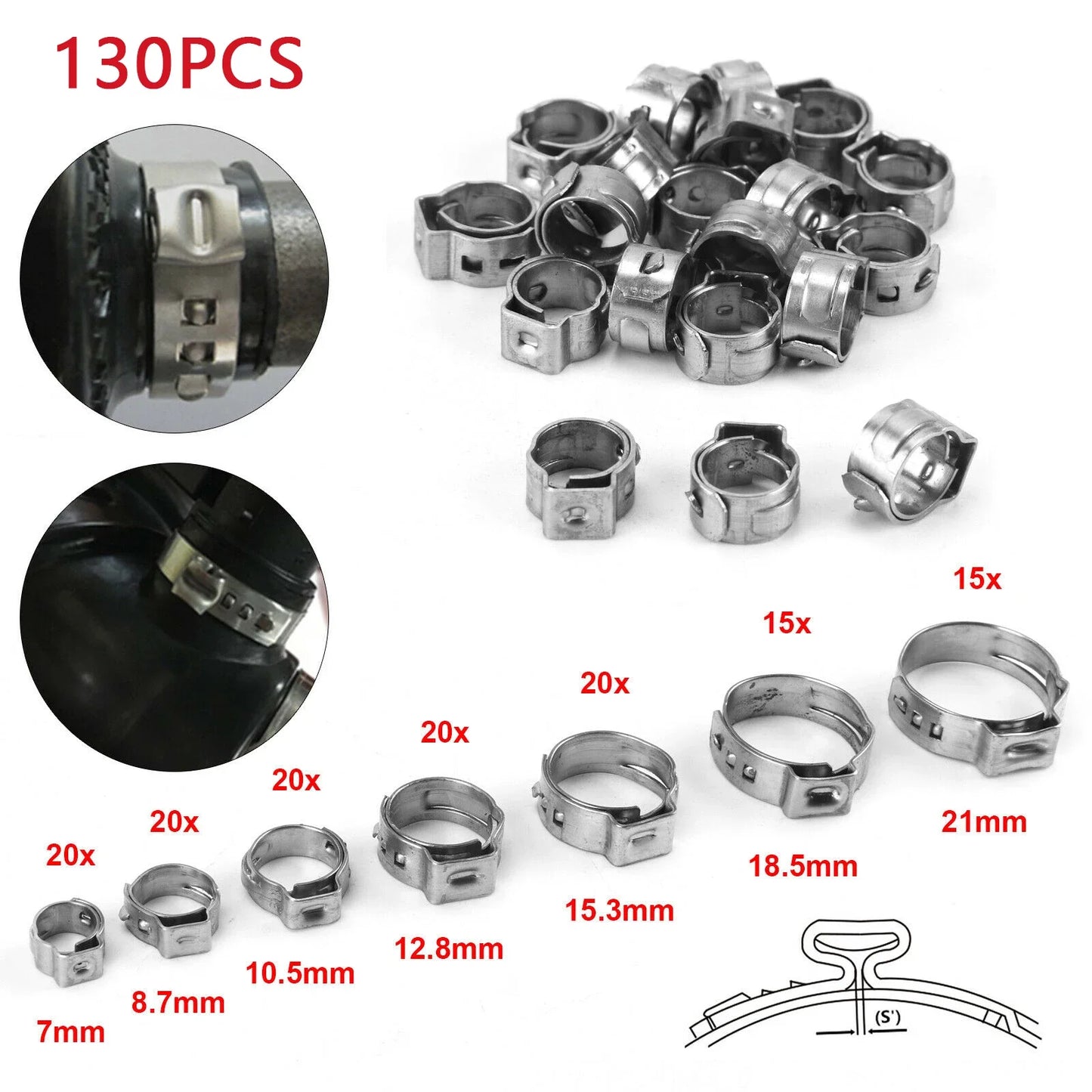 130pcs Single Ear Hose Clamps with Pliers or 130pcs Hose Clamps or 1PC Pliers 304 Stainless Steel Hose Clamps Cinch Clamp Rings