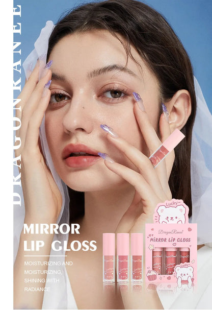 Dragon Ranee 3 colors doe lip glass hydrating mirror lip glaze moisturizing pearl with flash cartoon lip gloss set