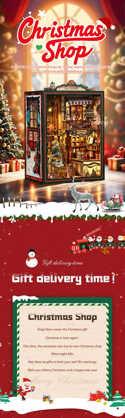 NEW DIY Book Nook Wooden Miniature Model Kits Christmas Shop Bookend 3D Puzzle With Light Bookshelf for Friends Birthday Gifts