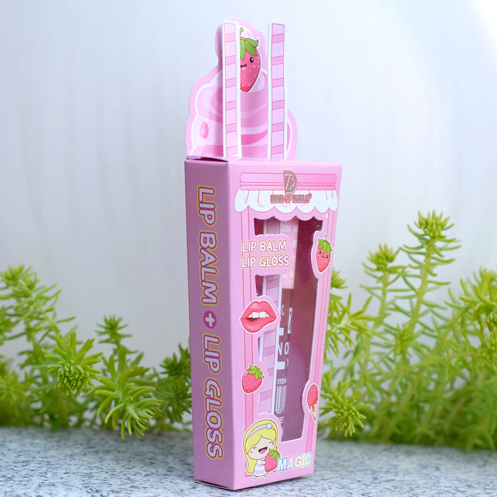 Cute Ice Cream Shiny Lip Gloss Lip Balm Set Girls Woman Waterproof Longlasting Natural Moisturizing Lips Makeup