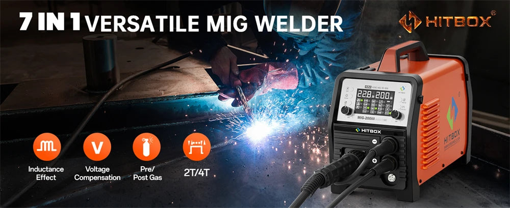 HITBOX 7 in 1 MIG Welding Machine 200A MMA/Gas Flux MIG/Lift TIG/Spot Welding/Spool Gun/Single Pulse Aluminium Welder Home DIY