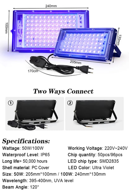 395nm 400nm Led UV Floodlight 220V Ultraviolet Stage Lamp 50W 100W LED Stage Blacklight Waterproof Disco Party Stage Backlight
