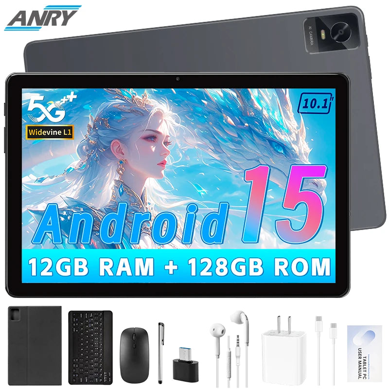ANRY 10.1inch Tablet Android 2025, 12GB+128GB(1TB Expand) Android 15, 6000mAh 8-core 5MP+13MP Tablet PC with 5G WIFI Bluetooth