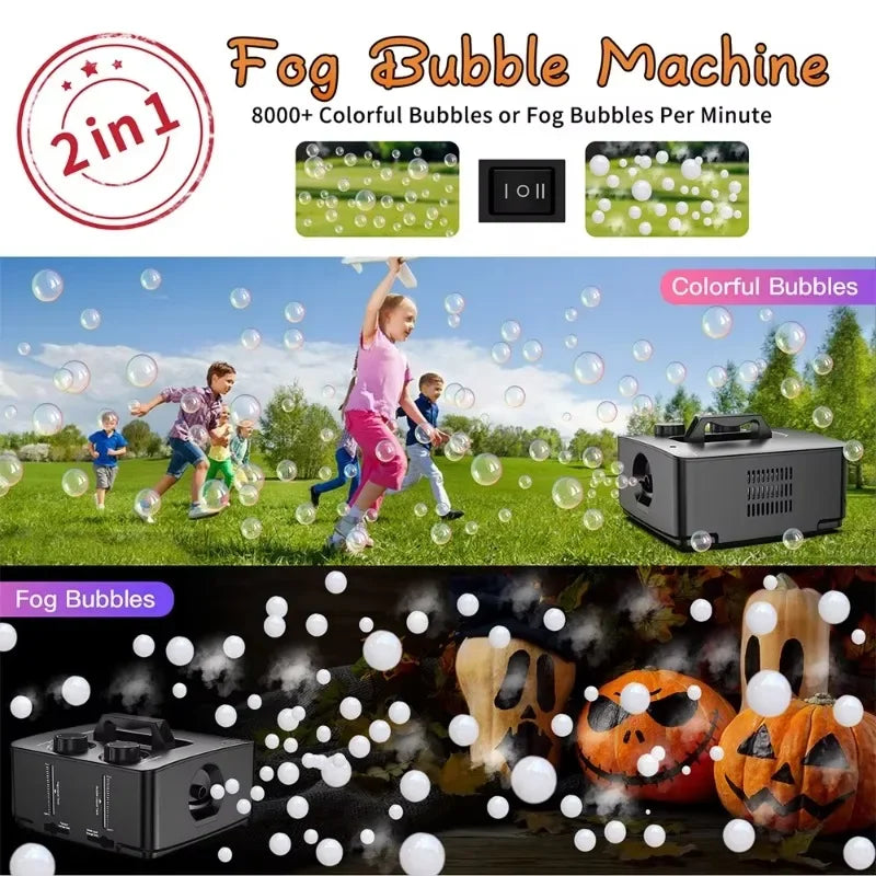 , 2-in-1 Fog Bubble Machine, Indoor and Outdoor Birthday Wedding Halloween Party No Spill Smoke Bubble Machine