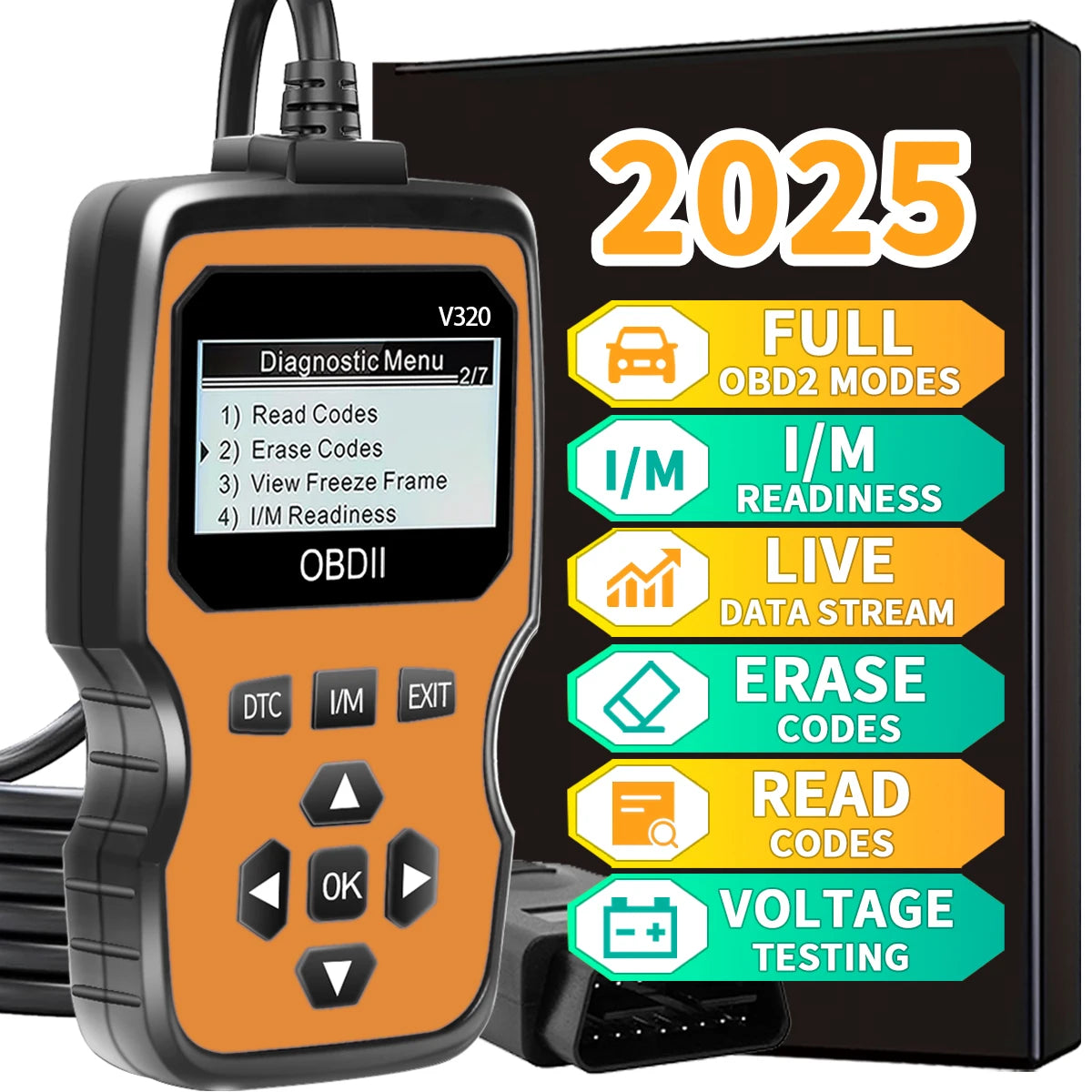 Obd2 Diagnostic Scanner Tools - Engine Fault Code Reader for All Cars in 1996 Years with Real-Time Data Flow, Battery Test and Erase Code