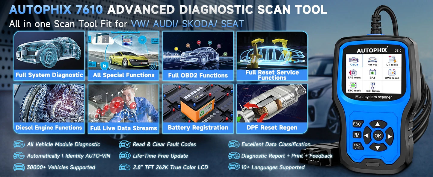 Autophix 7610 OBD2 Automotive Scanner for VW/AUDI All System EOBD/OBDII Code Reader ABS SRS Oil EPB D.PF TPMS Reset Car Tool