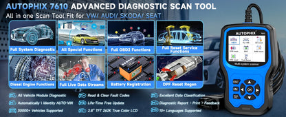 Autophix 7610 OBD2 Automotive Scanner for VW/AUDI All System EOBD/OBDII Code Reader ABS SRS Oil EPB D.PF TPMS Reset Car Tool