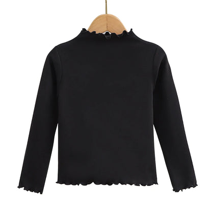 Autumn-Winter Girls Long Sleeve Solid Color T-Shirt with Ruffle Collar Girls Fashionable Comfortable Everyday Wear T-Shirt