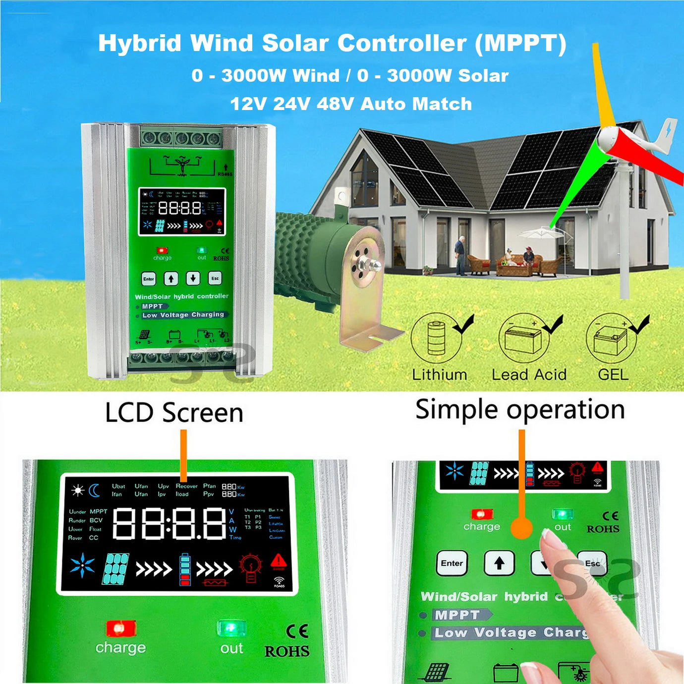 WIFI 4000W Wind Solar Hybrid Charge Controller with Equalizer, 12V 24V 48V AUTO, MPPT for Solar and Wind, for Lithium Lead Batte