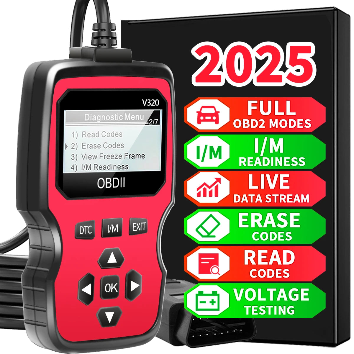 Obd2 Diagnostic Scanner Tools - Engine Fault Code Reader for All Cars in 1996 Years with Real-Time Data Flow, Battery Test and Erase Code