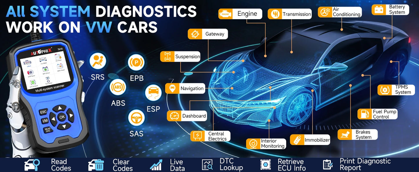 Autophix 7610 OBD2 Automotive Scanner for VW/AUDI All System EOBD/OBDII Code Reader ABS SRS Oil EPB D.PF TPMS Reset Car Tool